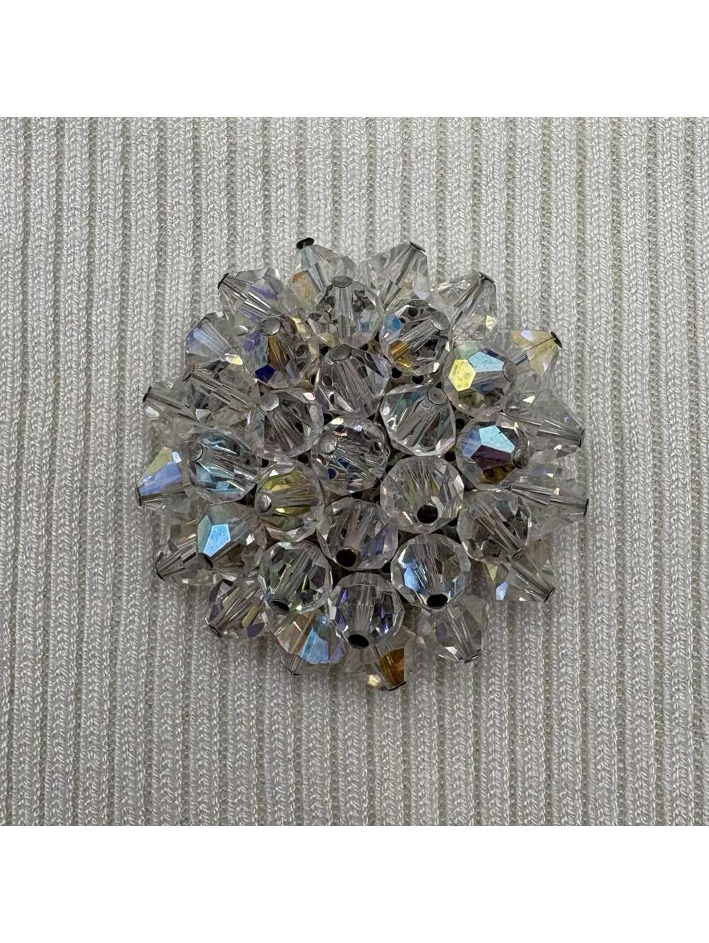 Vintage Clear AB Crystal Bead Cluster Brooch Silver Tone Dome Statement Pin